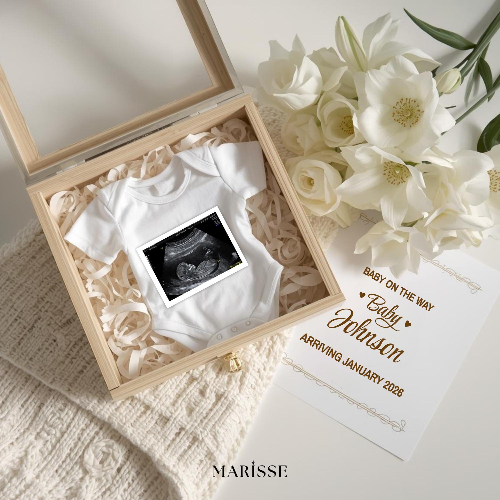 White Floral Pregnancy Announcement Box Template | Neutral Baby Reveal Digital Download | Boho Ultrasound Prop for Social Media Post