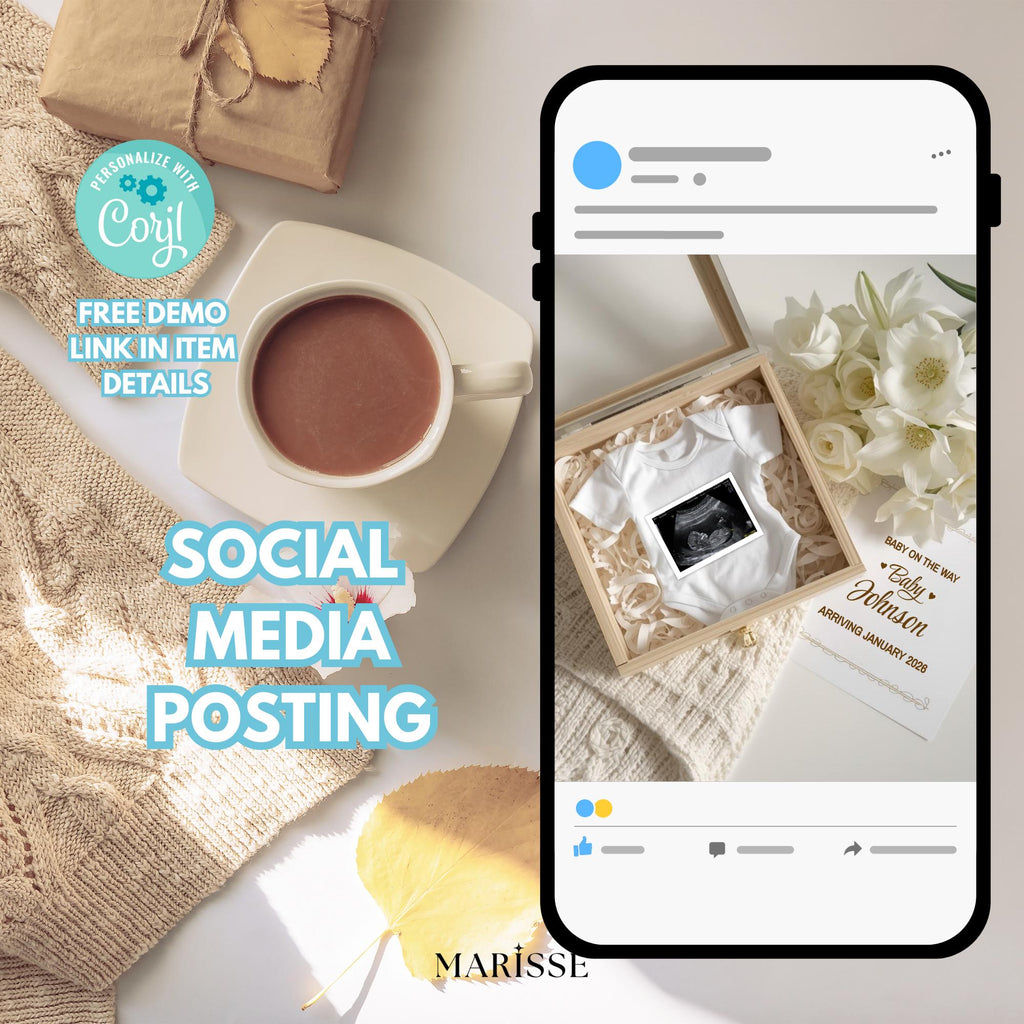 White Floral Pregnancy Announcement Box Template | Neutral Baby Reveal Digital Download | Boho Ultrasound Prop for Social Media Post