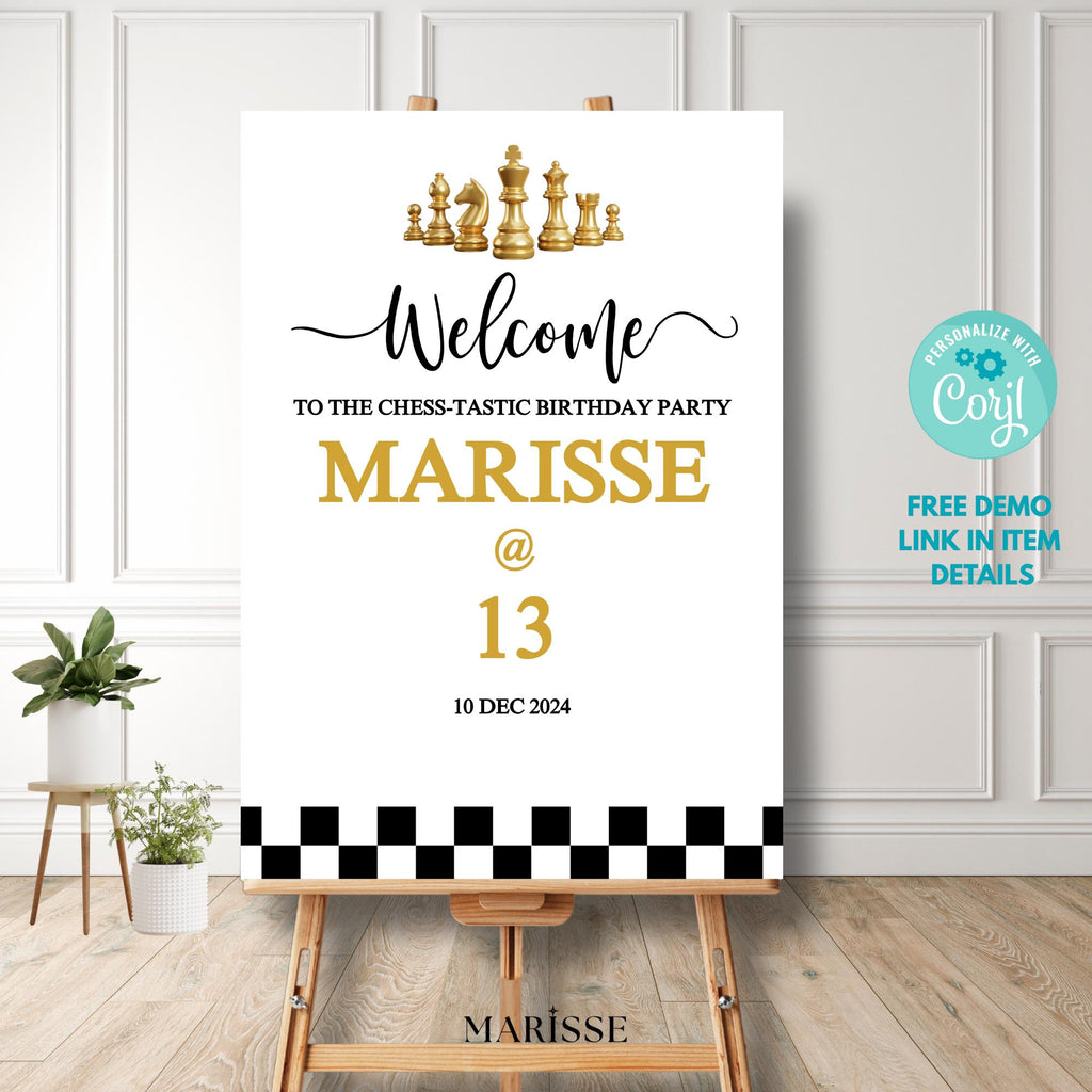 Chess Birthday Party Welcome Sign Template Editable Printable Chess-Themed Birthday Decoration Digital Download