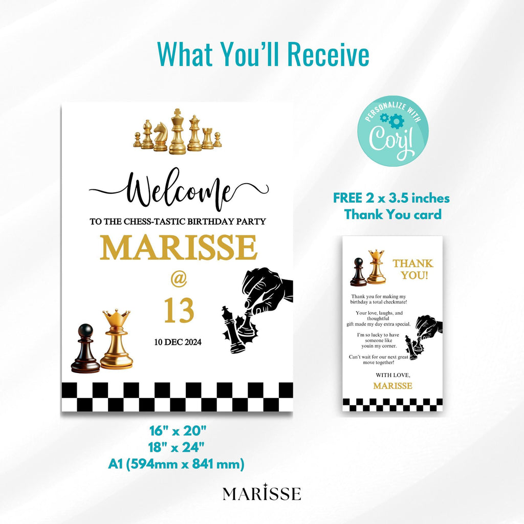 Editable Chess Birthday Welcome Sign Digital Download Printable Party Entrance Decor for Kids or Teen Chess-Themed Celebration