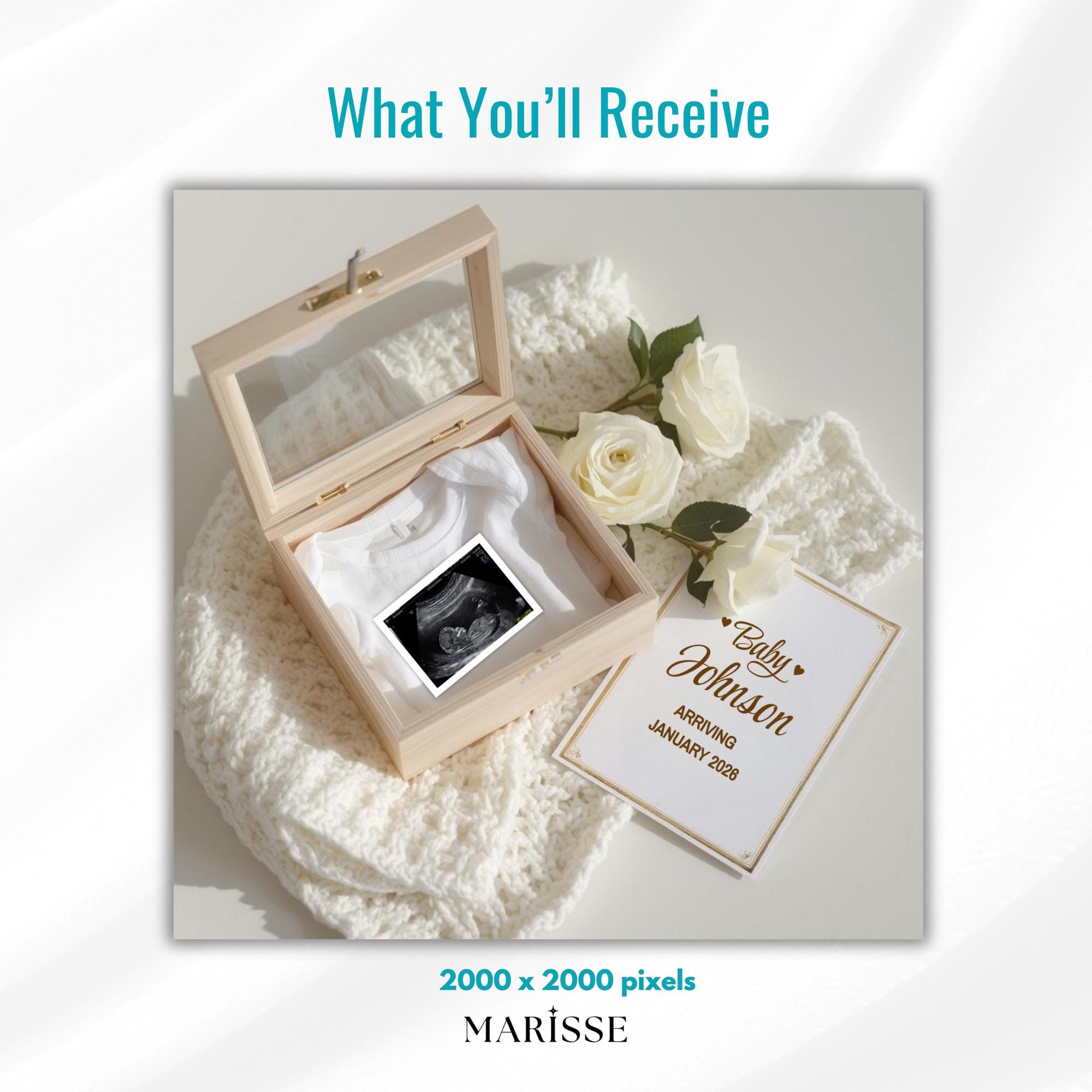 White Roses Pregnancy Announcement Template | Elegant Baby Reveal Digital Download | Modern Neutral Ultrasound Prop for Social Media Posting