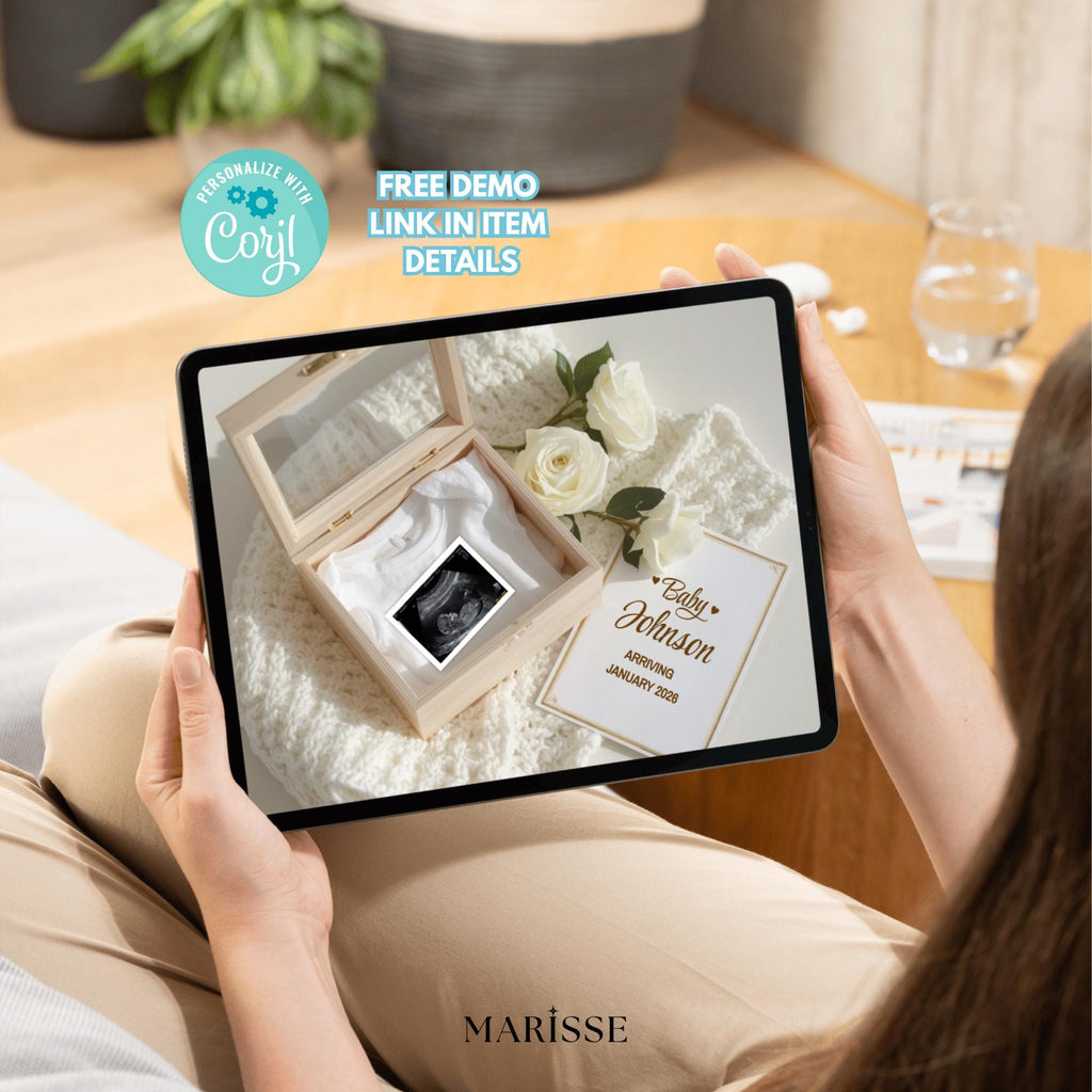 White Roses Pregnancy Announcement Template | Elegant Baby Reveal Digital Download | Modern Neutral Ultrasound Prop for Social Media Posting