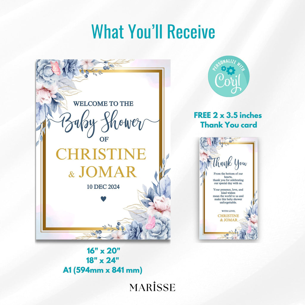 Floral Baby Shower Welcome Sign Template: Blue & Pink (Digital Download)