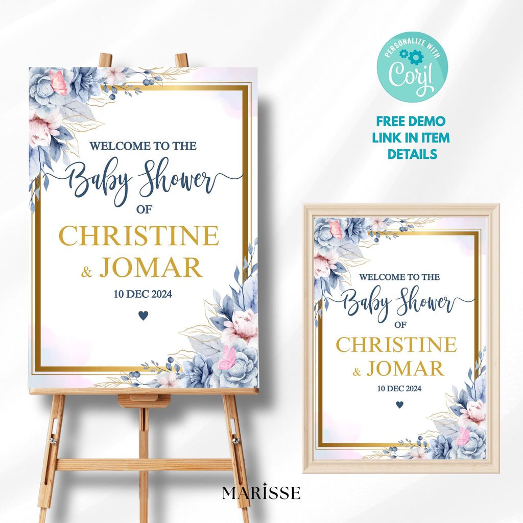 Floral Baby Shower Welcome Sign Template: Blue & Pink (Digital Download)