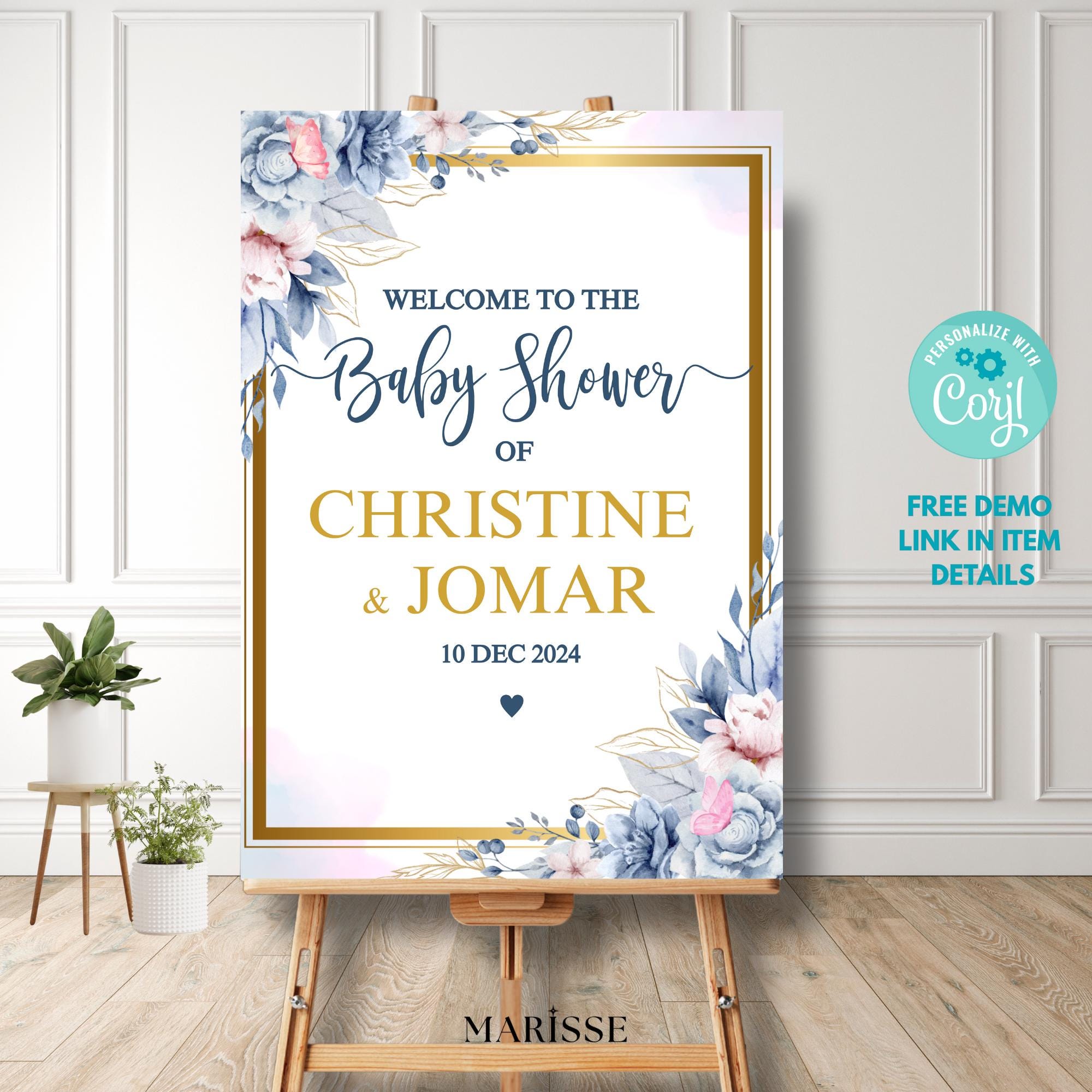 Floral Baby Shower Welcome Sign Template: Blue & Pink (Digital Download)