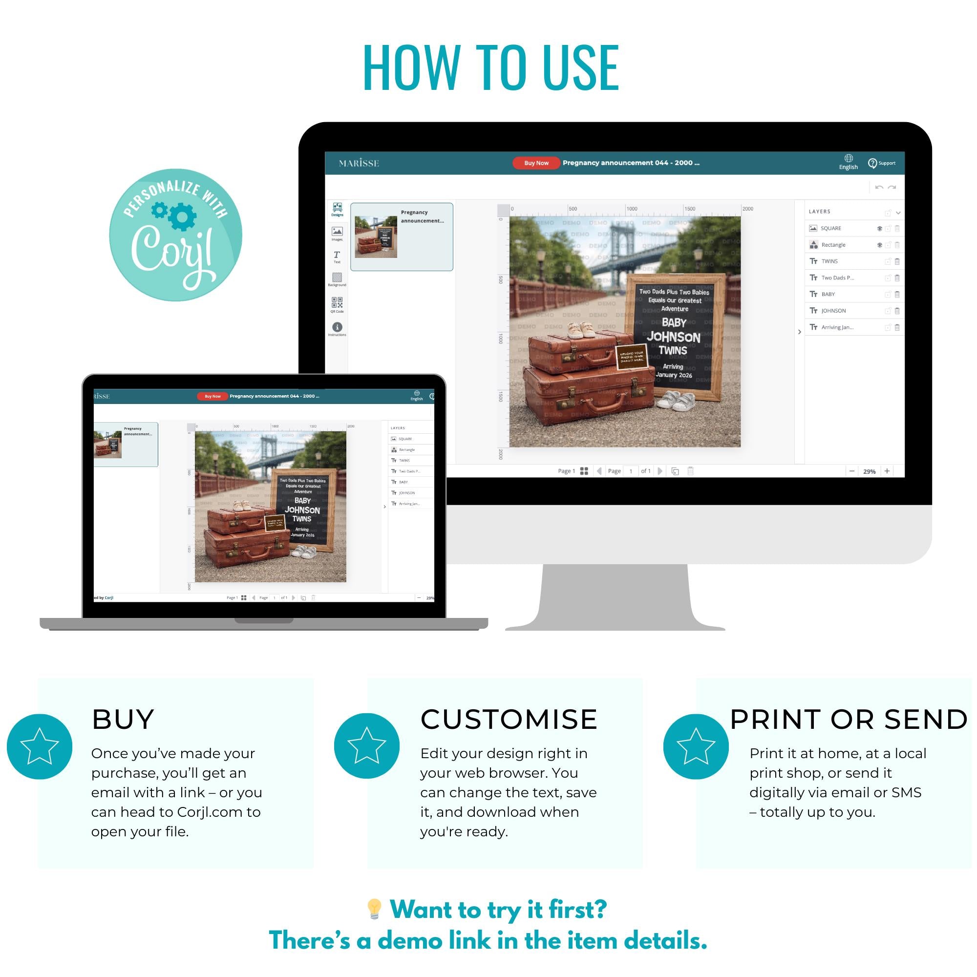 Gay Dads Twin Pregnancy Announcement Template | LGBTQ Baby Reveal | Travel Adventure Theme Twins Ultrasound (Digital Download)