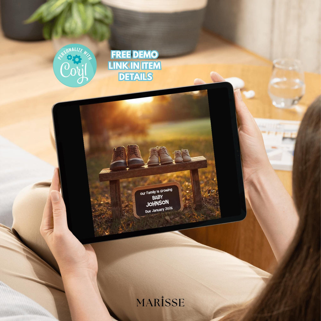 Sunset Pregnancy Announcement Template, Rustic Baby Reveal with Shoes & Chalkboard Sign, Editable Digital Download for Social Media Posting