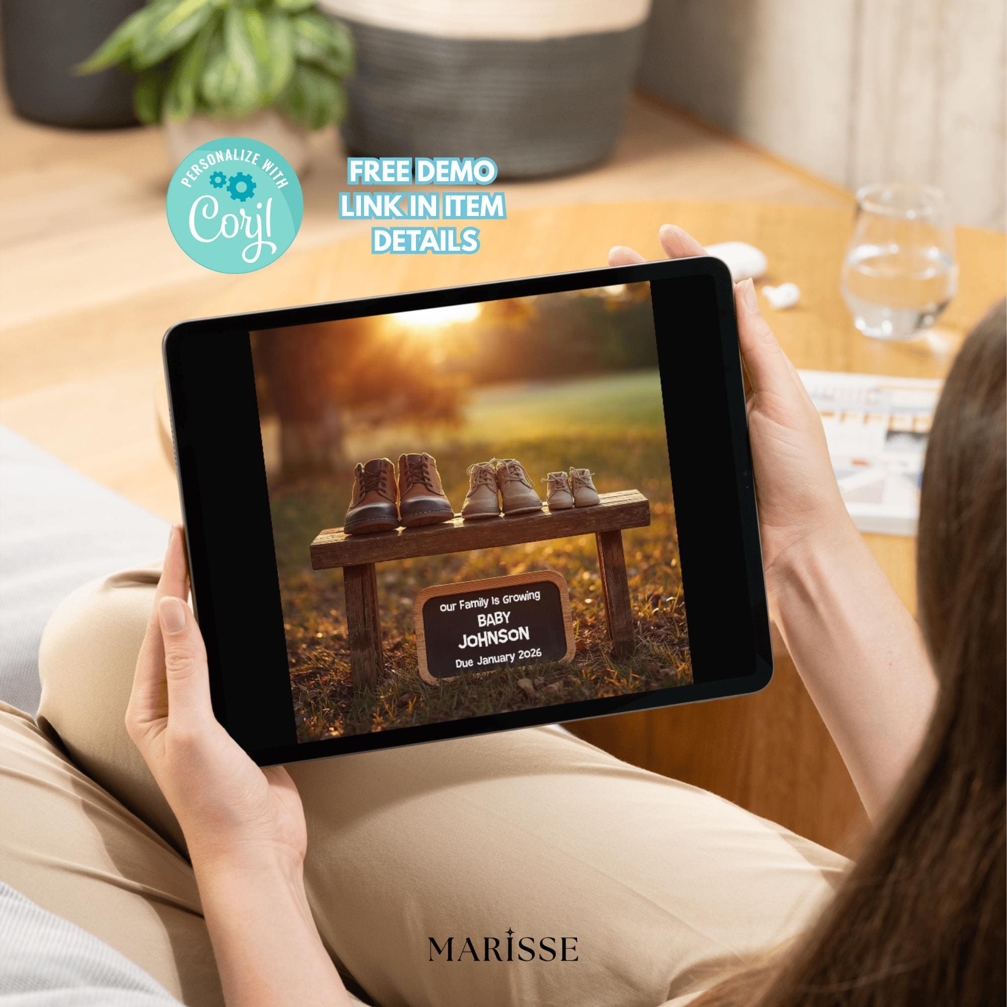 Sunset Pregnancy Announcement Template, Rustic Baby Reveal with Shoes & Chalkboard Sign, Editable Digital Download for Social Media Posting