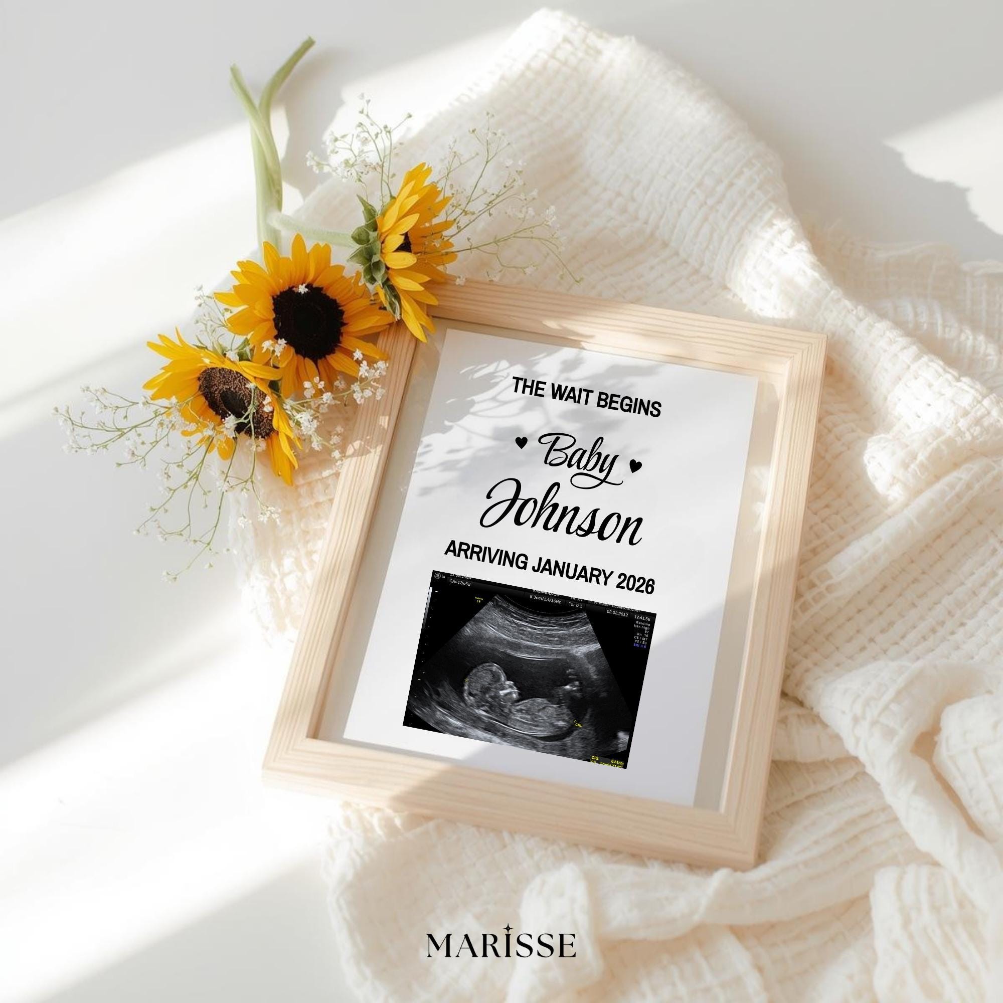 Floral Pregnancy Announcement Template | Sunflower Baby Reveal Digital Download | Editable Ultrasound Photo Frame for Social Media Posting