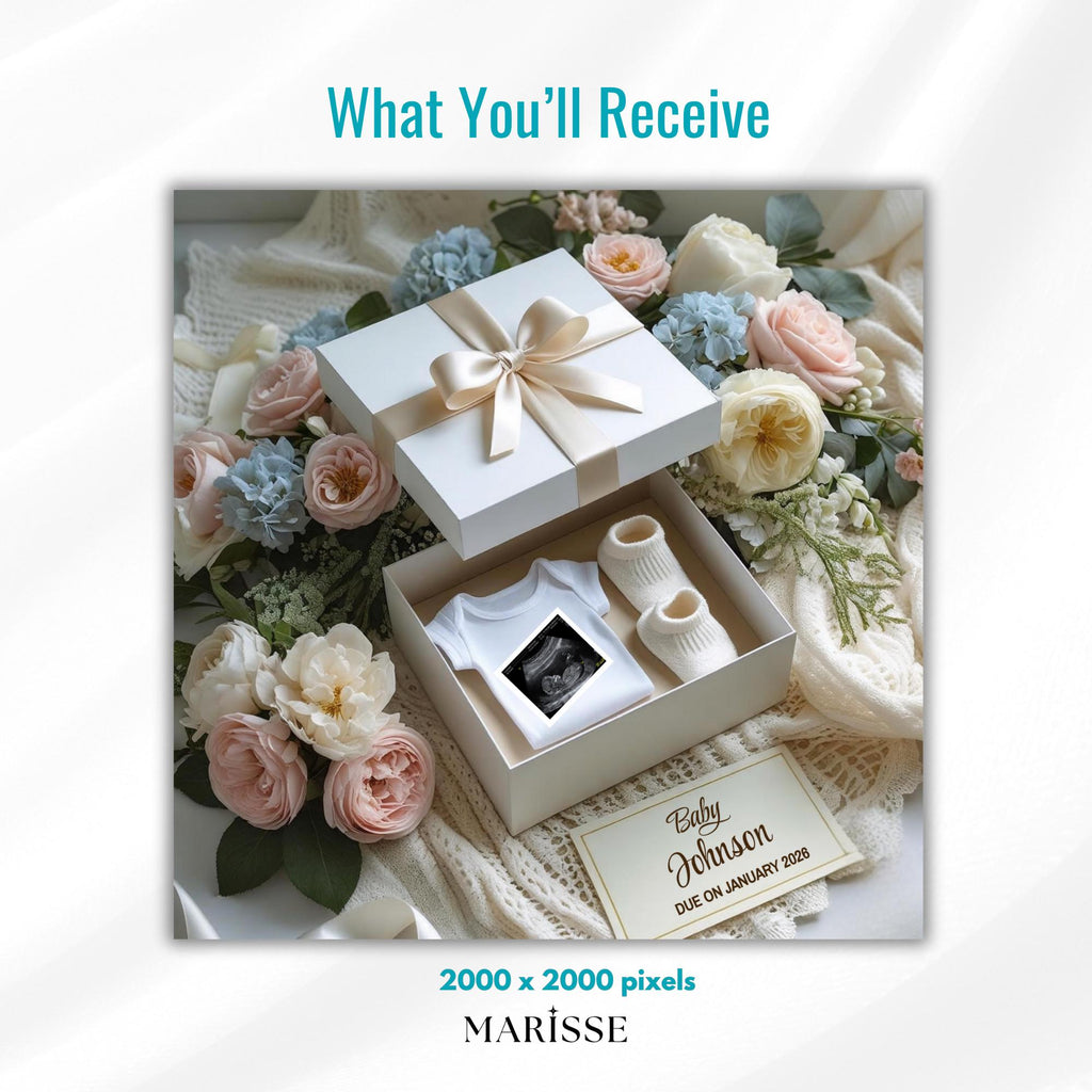 Elegant Baby Announcement Box Template | Neutral Pregnancy Reveal Box | Classic Floral Baby Reveal | Digital Download