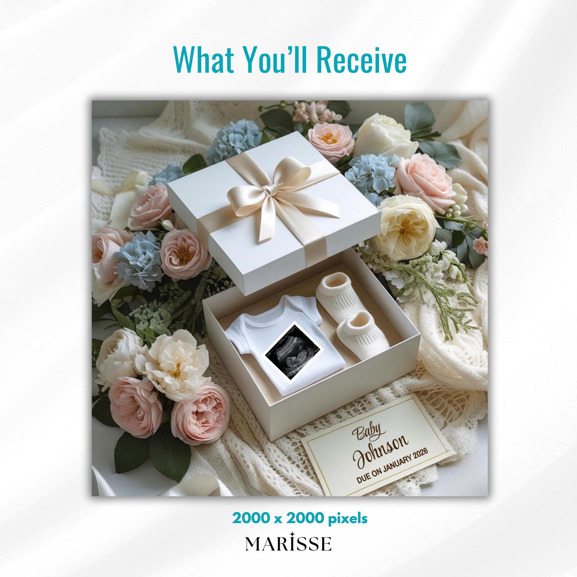 Elegant Baby Announcement Box Template | Neutral Pregnancy Reveal Box | Classic Floral Baby Reveal | Digital Download