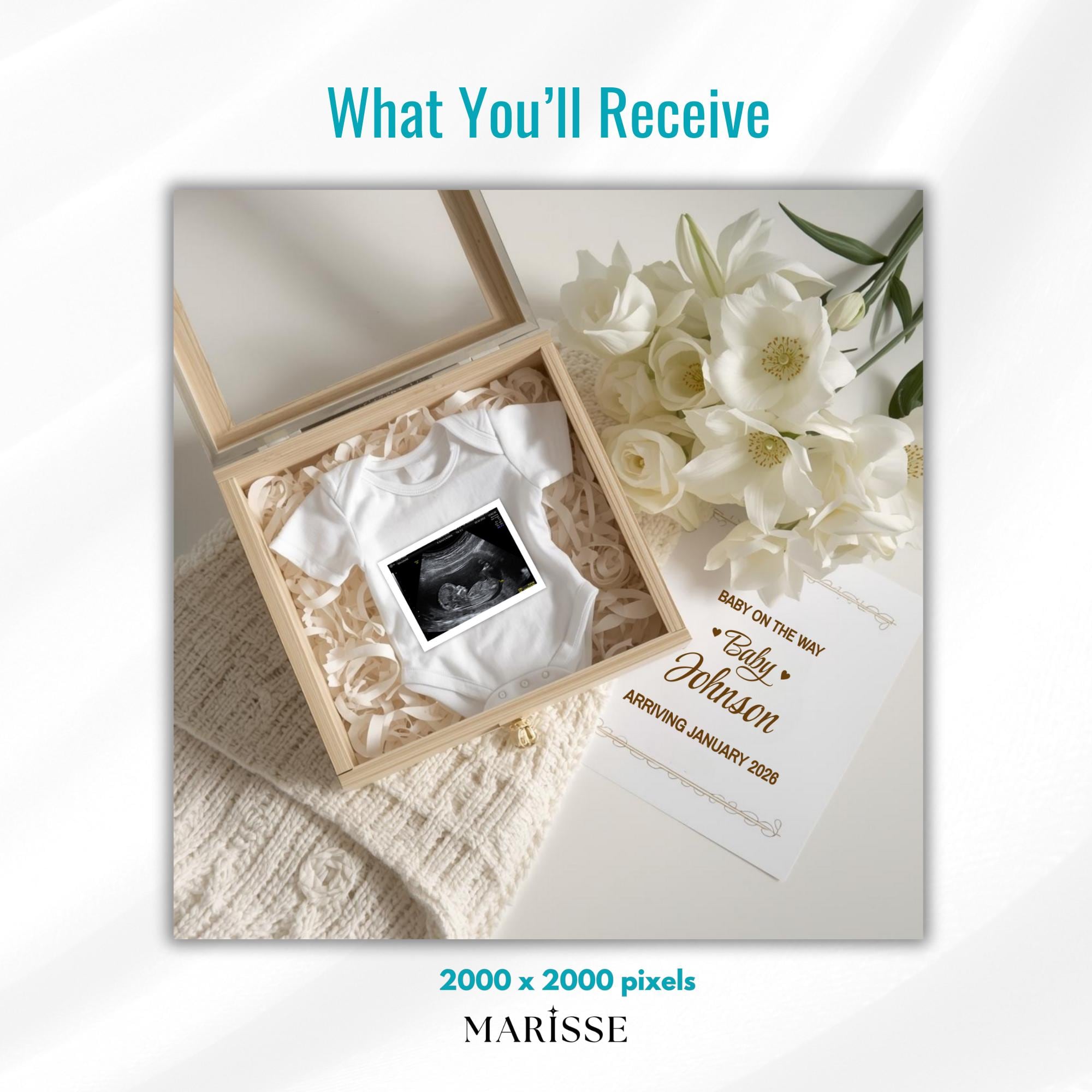 White Floral Pregnancy Announcement Box Template | Neutral Baby Reveal Digital Download | Boho Ultrasound Prop for Social Media Post