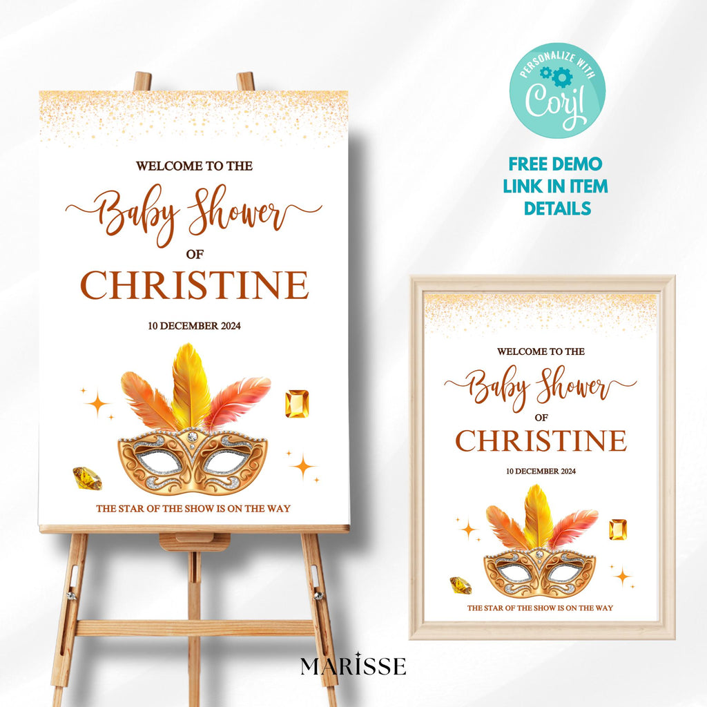 Showgirl Baby Shower Welcome Sign Template | Glam Vegas Theme | Editable Baby Shower Decor | Printable Gold Mask Poster Digital Download