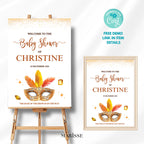 Showgirl Baby Shower Welcome Sign Template | Glam Vegas Theme | Editable Baby Shower Decor | Printable Gold Mask Poster Digital Download