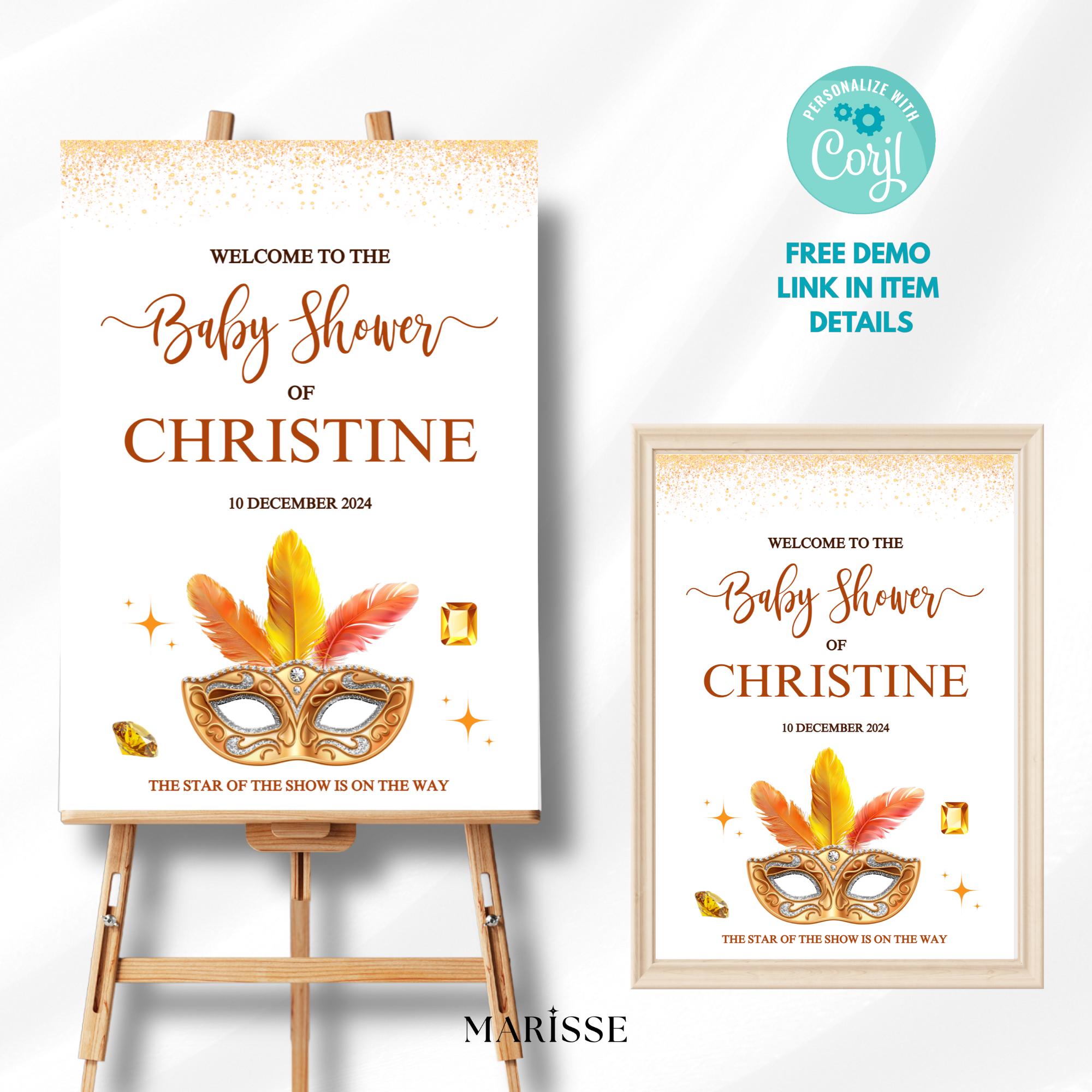 Showgirl Baby Shower Welcome Sign Template | Glam Vegas Theme | Editable Baby Shower Decor | Printable Gold Mask Poster Digital Download