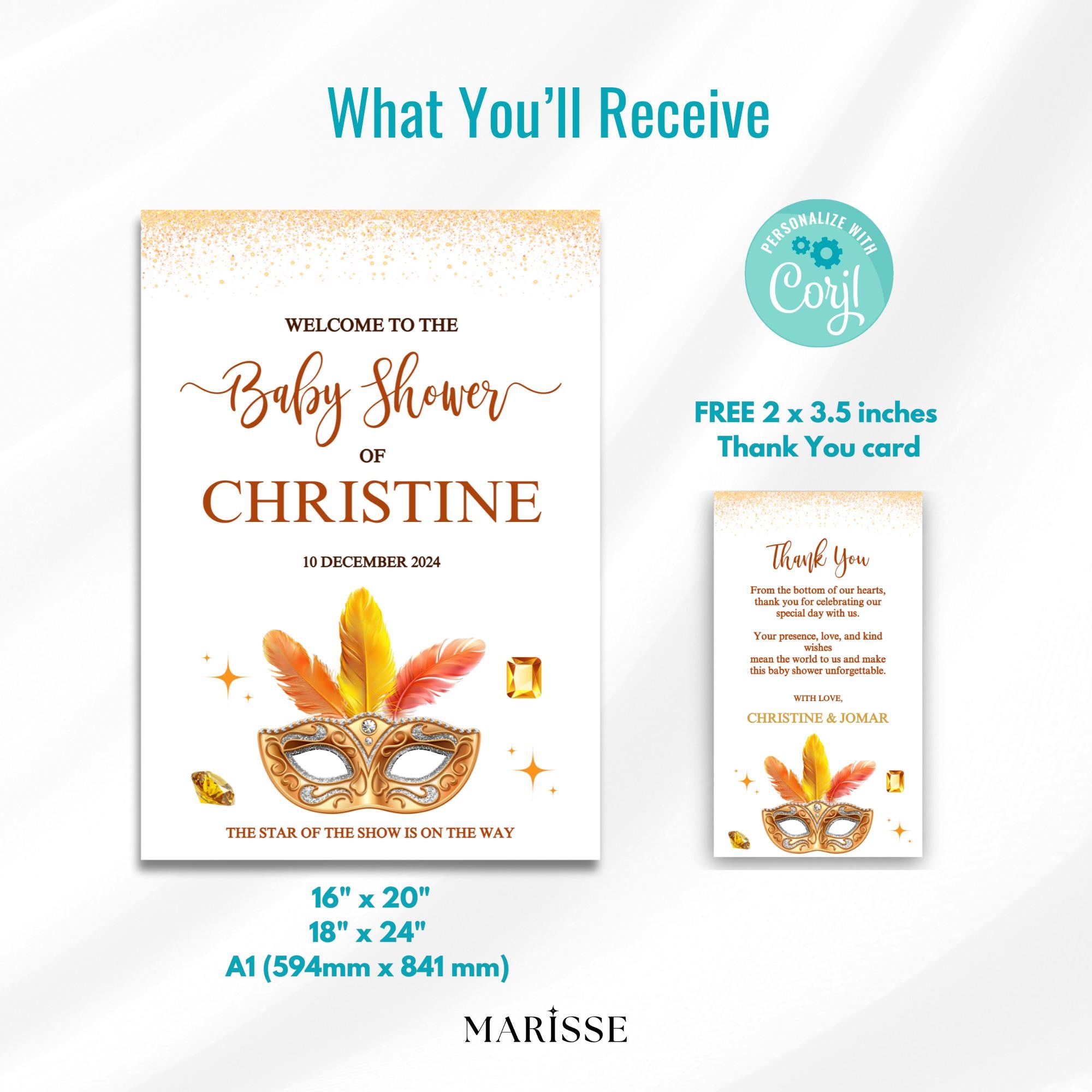 Showgirl Baby Shower Welcome Sign Template | Glam Vegas Theme | Editable Baby Shower Decor | Printable Gold Mask Poster Digital Download