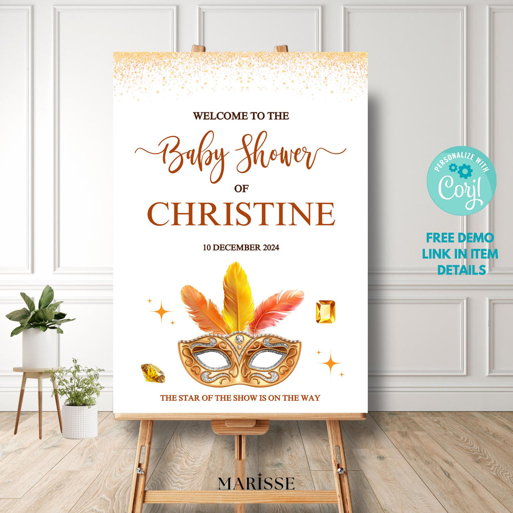 Showgirl Baby Shower Welcome Sign Template | Glam Vegas Theme | Editable Baby Shower Decor | Printable Gold Mask Poster Digital Download