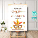 Showgirl Baby Shower Welcome Sign Template | Glam Vegas Theme | Editable Baby Shower Decor | Printable Gold Mask Poster Digital Download
