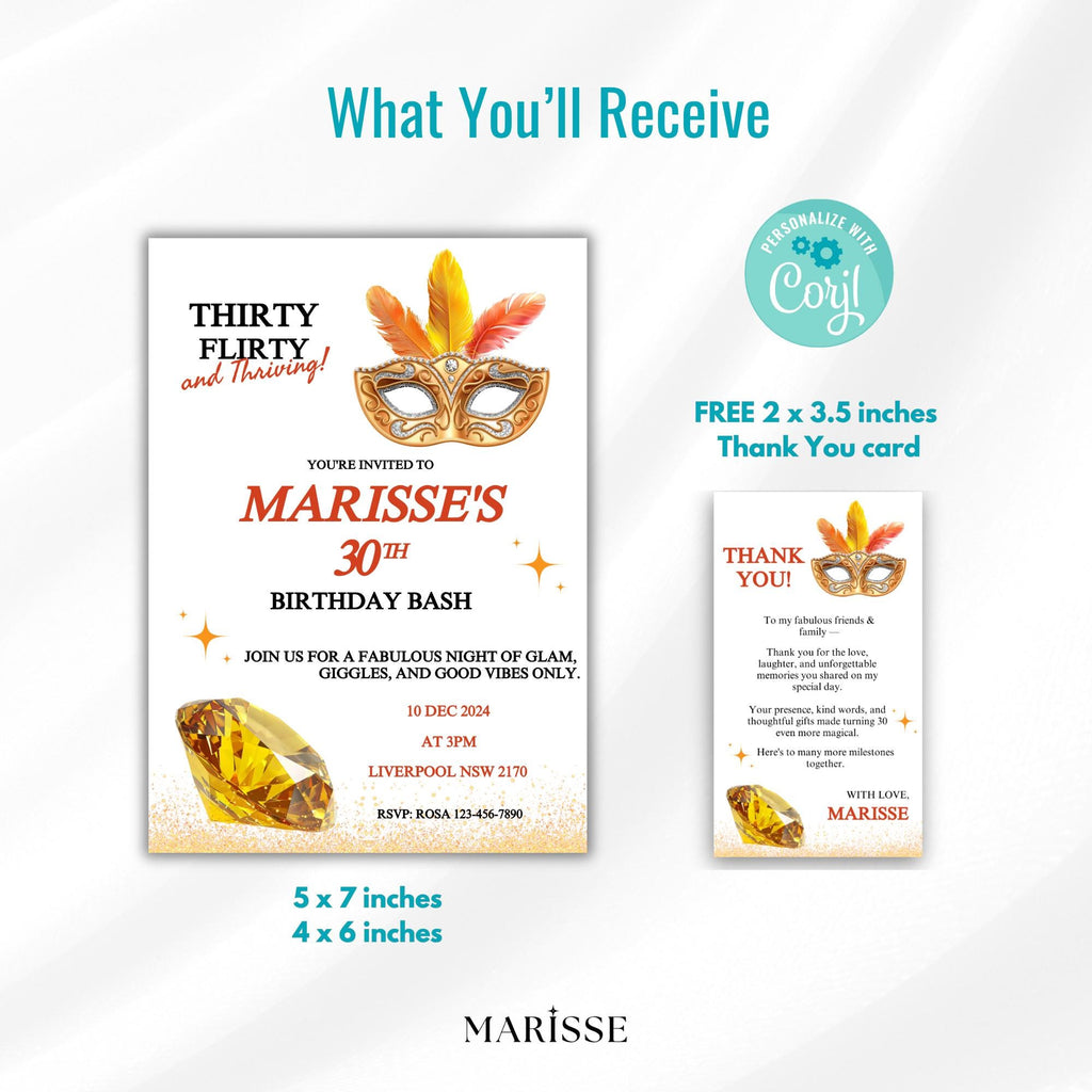 Showgirl 30th Birthday Invitation Template | Thirty Flirty and Thriving | Glam Vegas Theme Party Invite | Masquerade Digital Download