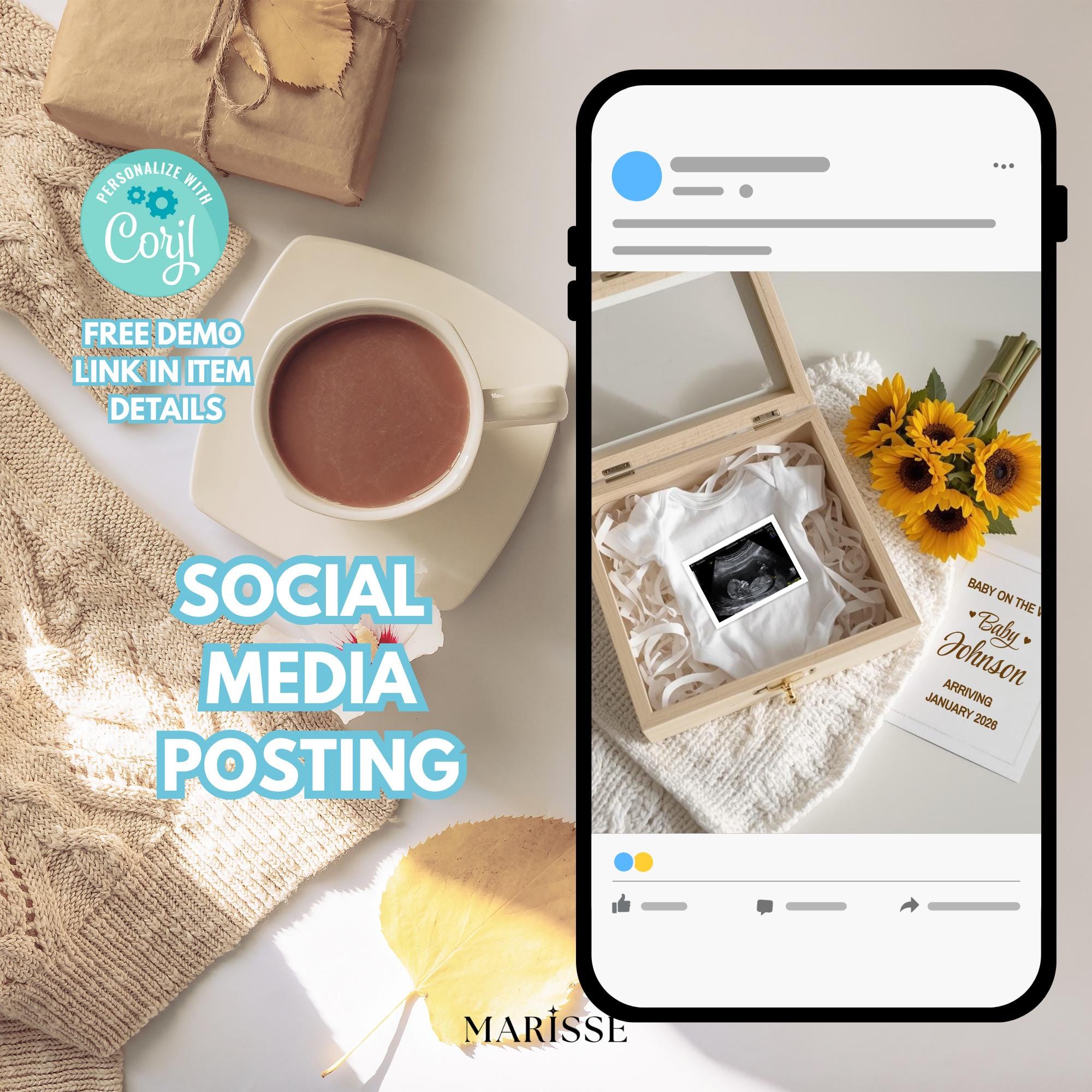 Sunflower Pregnancy Announcement Template | Rustic Baby Reveal Digital Download | Editable Ultrasound Prop for Social Media & Keepsake Box