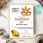 Showgirl 30th Birthday Invitation Template | Thirty Flirty and Thriving | Glam Vegas Theme Party Invite | Masquerade Digital Download
