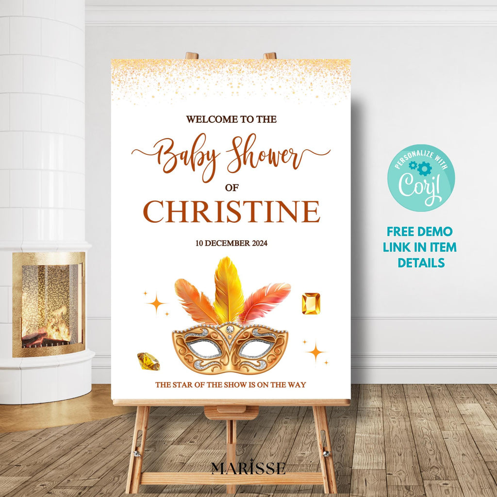 Showgirl Baby Shower Welcome Sign Template | Glam Vegas Theme | Editable Baby Shower Decor | Printable Gold Mask Poster Digital Download