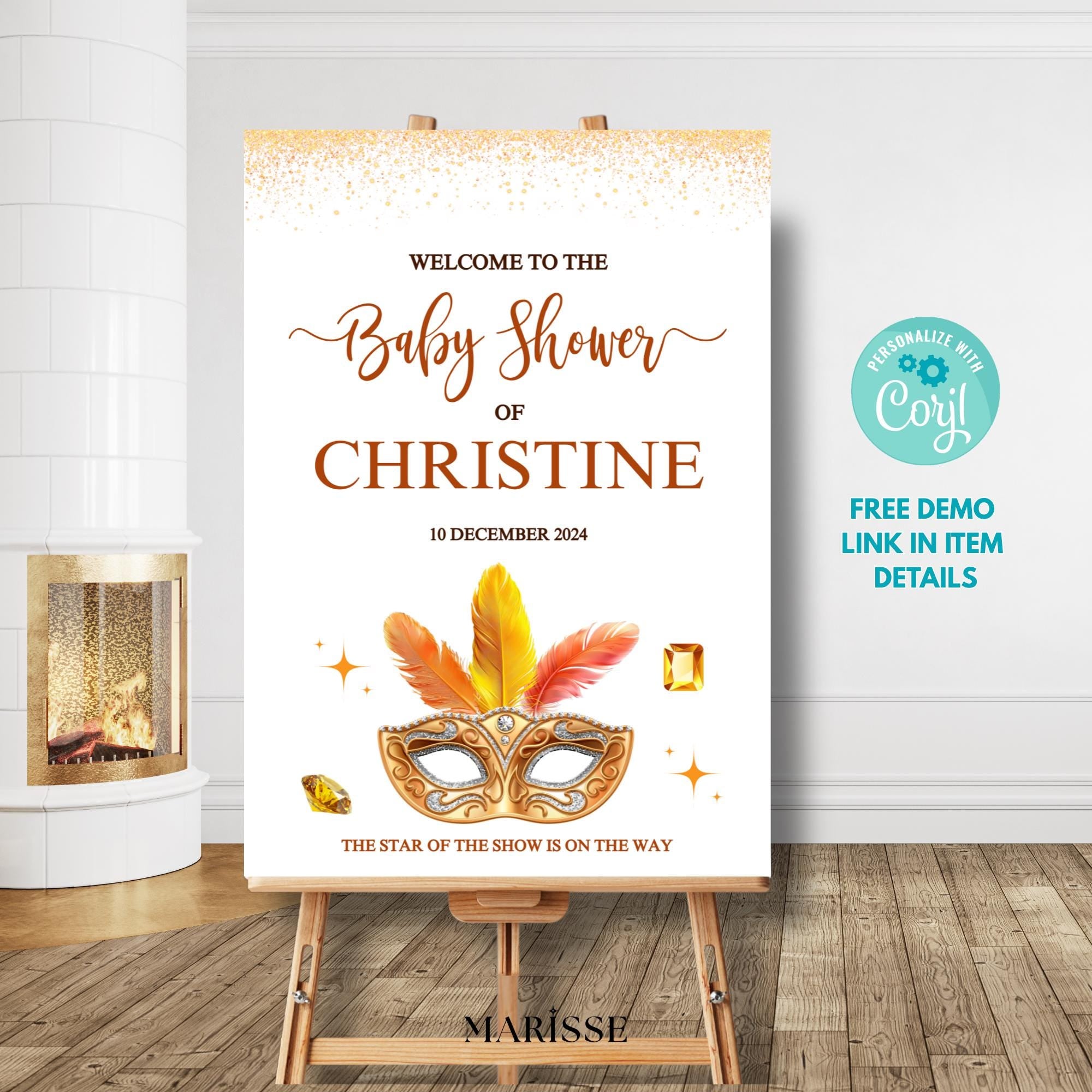 Showgirl Baby Shower Welcome Sign Template | Glam Vegas Theme | Editable Baby Shower Decor | Printable Gold Mask Poster Digital Download