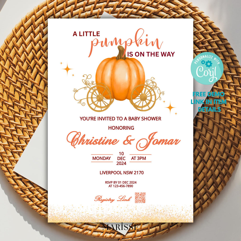 Pumpkin Baby Shower Carriage Invitation | Fall Baby Shower Invite Girl or Boy | Autumn Baby Shower Template | Instant Download