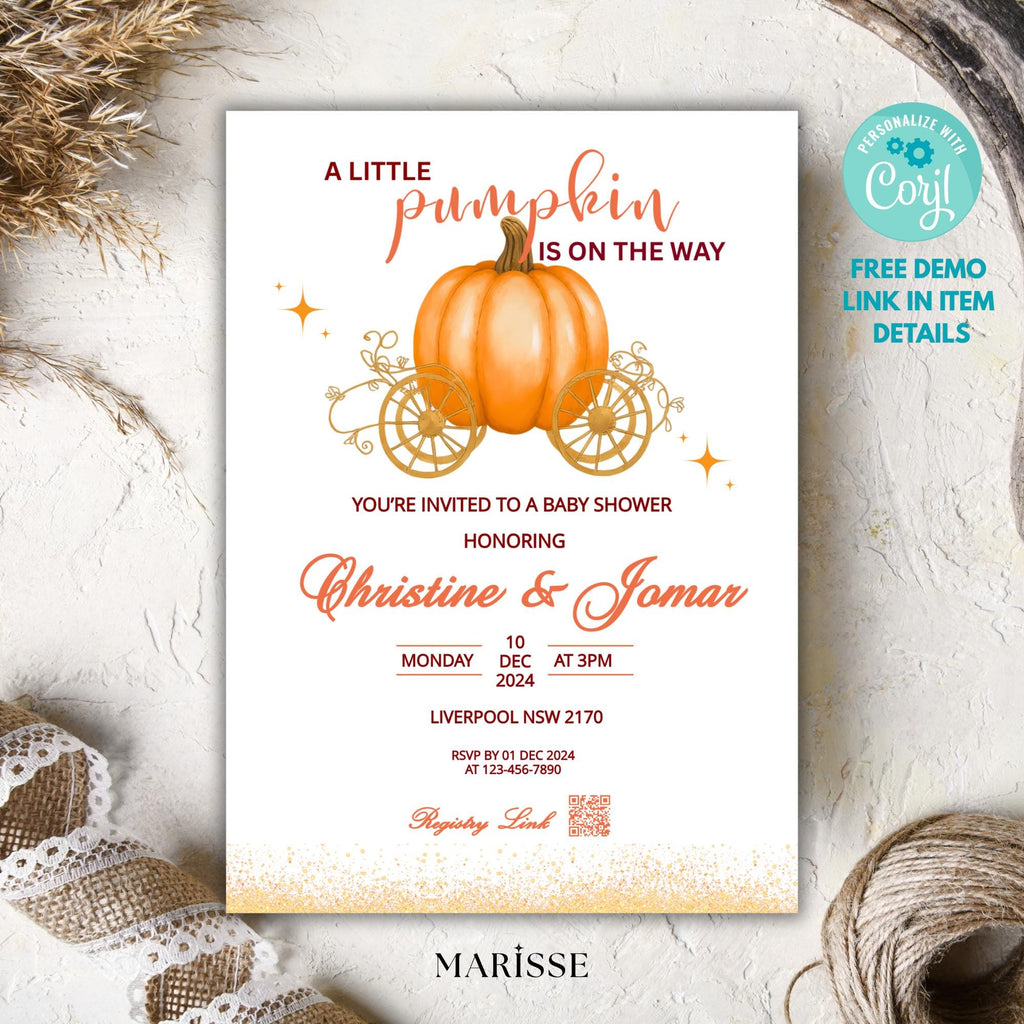 Pumpkin Baby Shower Carriage Invitation | Fall Baby Shower Invite Girl or Boy | Autumn Baby Shower Template | Instant Download
