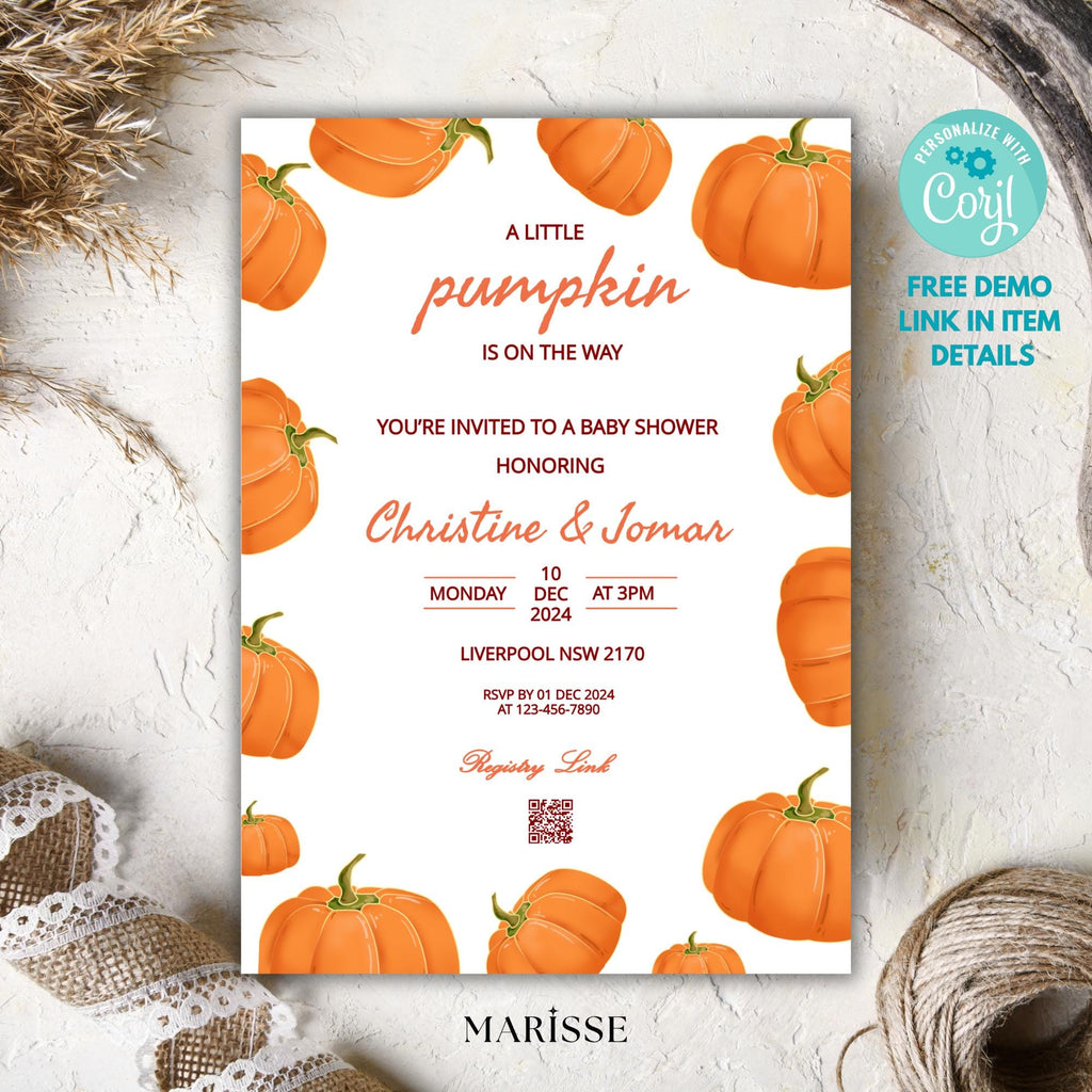 Little Pumpkin Baby Shower Invitation, Fall Baby Shower Invite, Autumn Pumpkin Theme, Gender Neutral Baby Shower Template, Digital Download