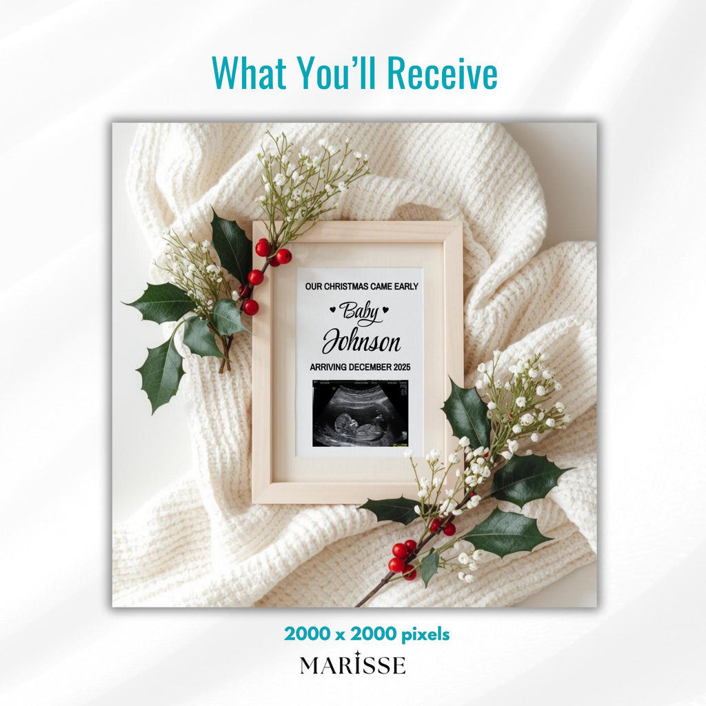 Christmas Pregnancy Announcement Template | Holiday Baby Reveal Digital Download | Editable Ultrasound Prop for Social Media & Cards