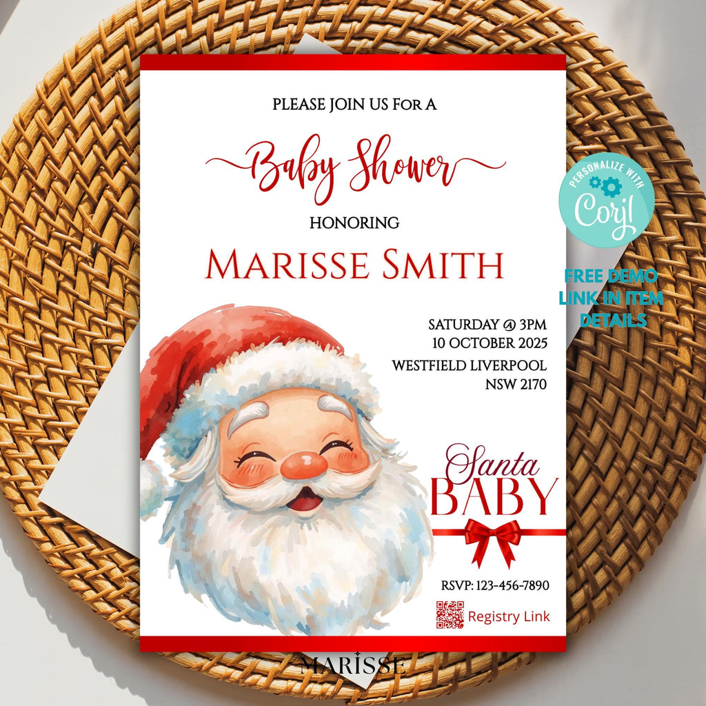 Santa Baby Shower Invitation | Christmas Baby Shower Template | Editable Holiday Invite | Winter Baby Shower Printable | Festive Santa Theme