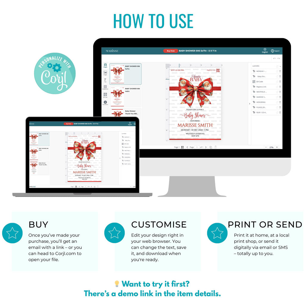 Santa Baby Shower Invitation Template, Christmas Invite, Red Bow Holiday Theme, Festive Santa Baby Printable Instant Digital Download