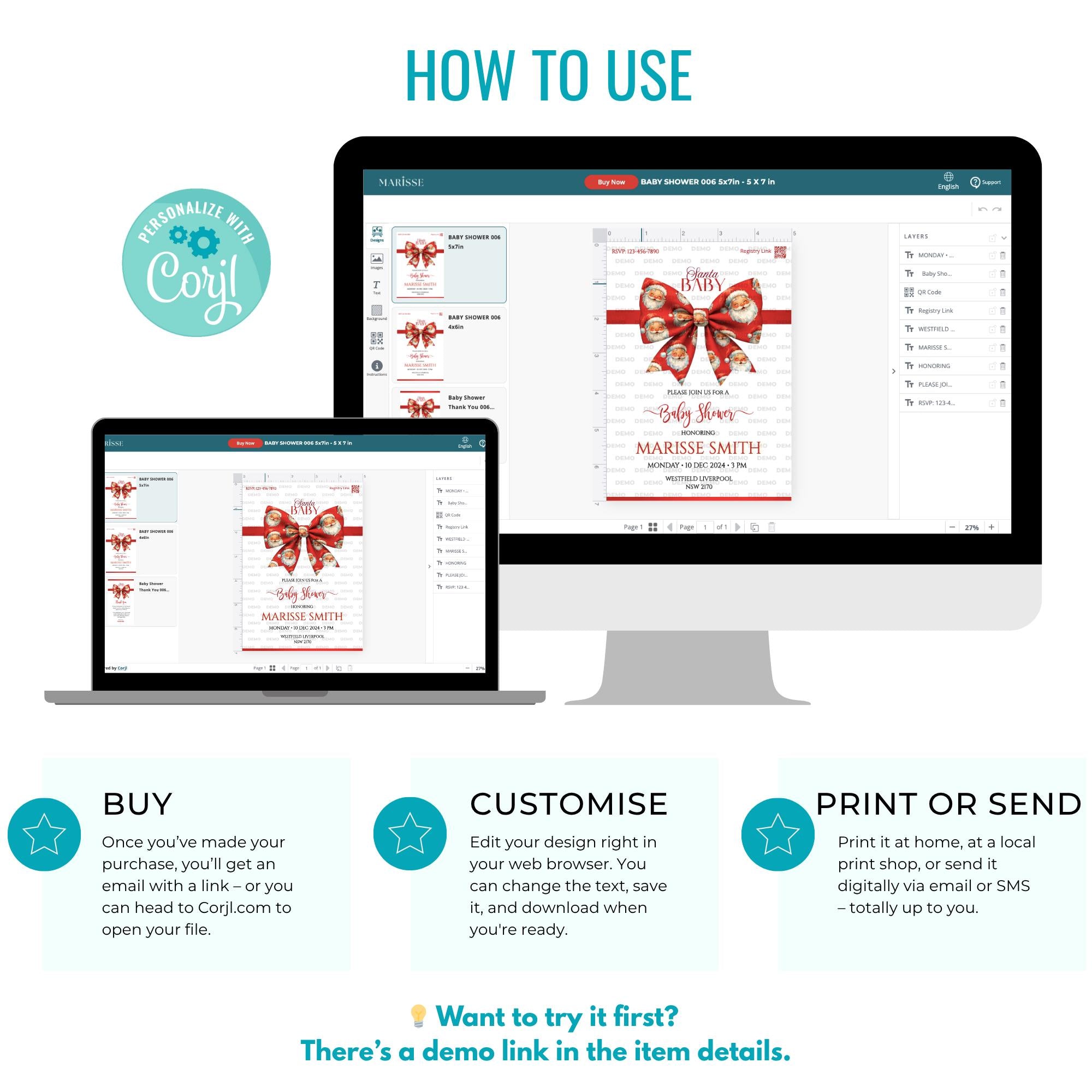 Santa Baby Shower Invitation Template, Christmas Invite, Red Bow Holiday Theme, Festive Santa Baby Printable Instant Digital Download