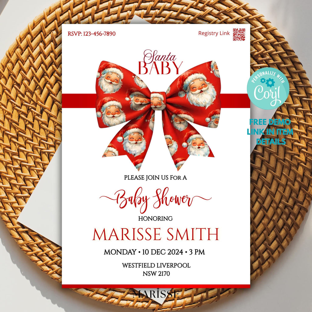 Santa Baby Shower Invitation Template, Christmas Invite, Red Bow Holiday Theme, Festive Santa Baby Printable Instant Digital Download