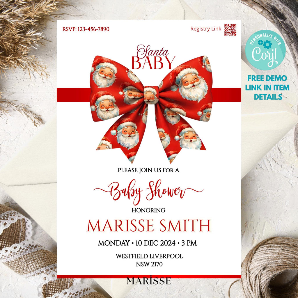 Santa Baby Shower Invitation Template, Christmas Invite, Red Bow Holiday Theme, Festive Santa Baby Printable Instant Digital Download