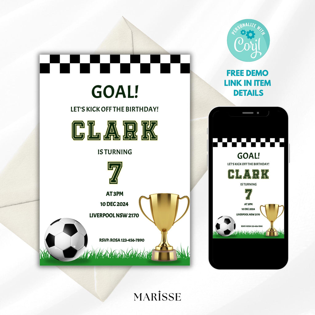 Soccer Birthday Invitation | Editable Sports Party Invite | Goal Soccer Theme Digital Template  Boys Football Kids Birthday Digital Download