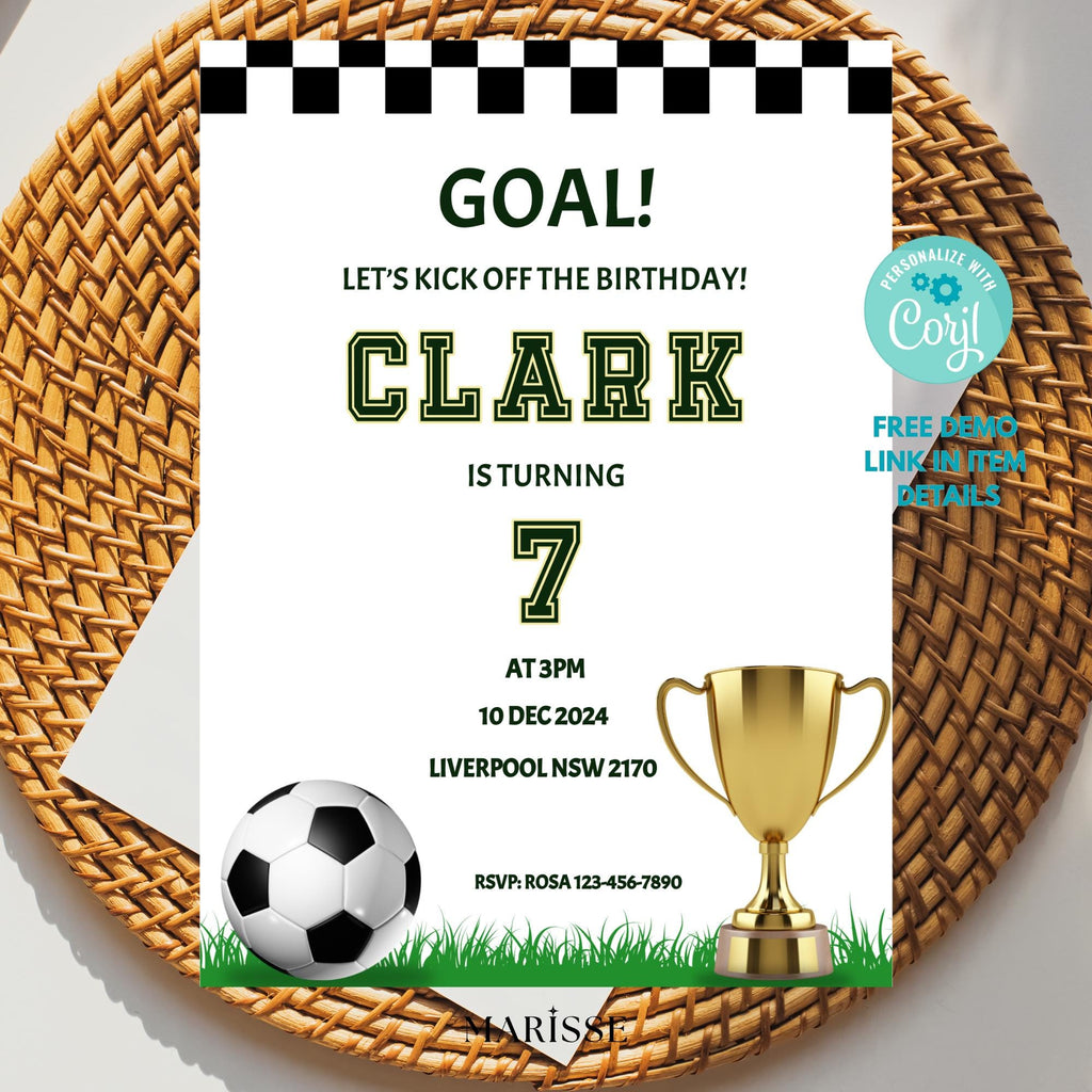 Soccer Birthday Invitation | Editable Sports Party Invite | Goal Soccer Theme Digital Template  Boys Football Kids Birthday Digital Download