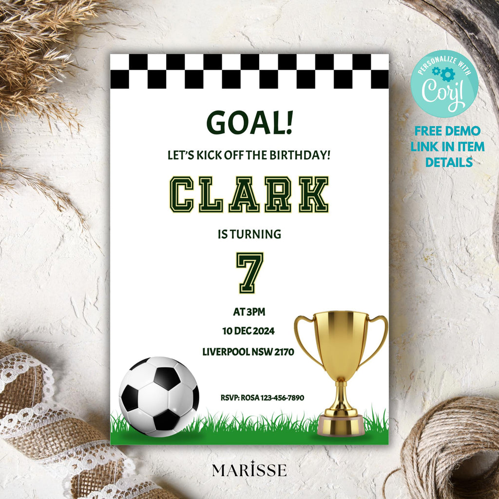 Soccer Birthday Invitation | Editable Sports Party Invite | Goal Soccer Theme Digital Template  Boys Football Kids Birthday Digital Download