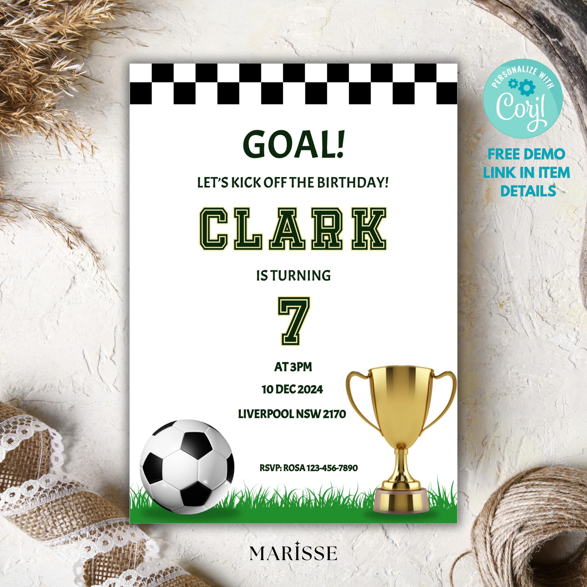Soccer Birthday Invitation | Editable Sports Party Invite | Goal Soccer Theme Digital Template  Boys Football Kids Birthday Digital Download