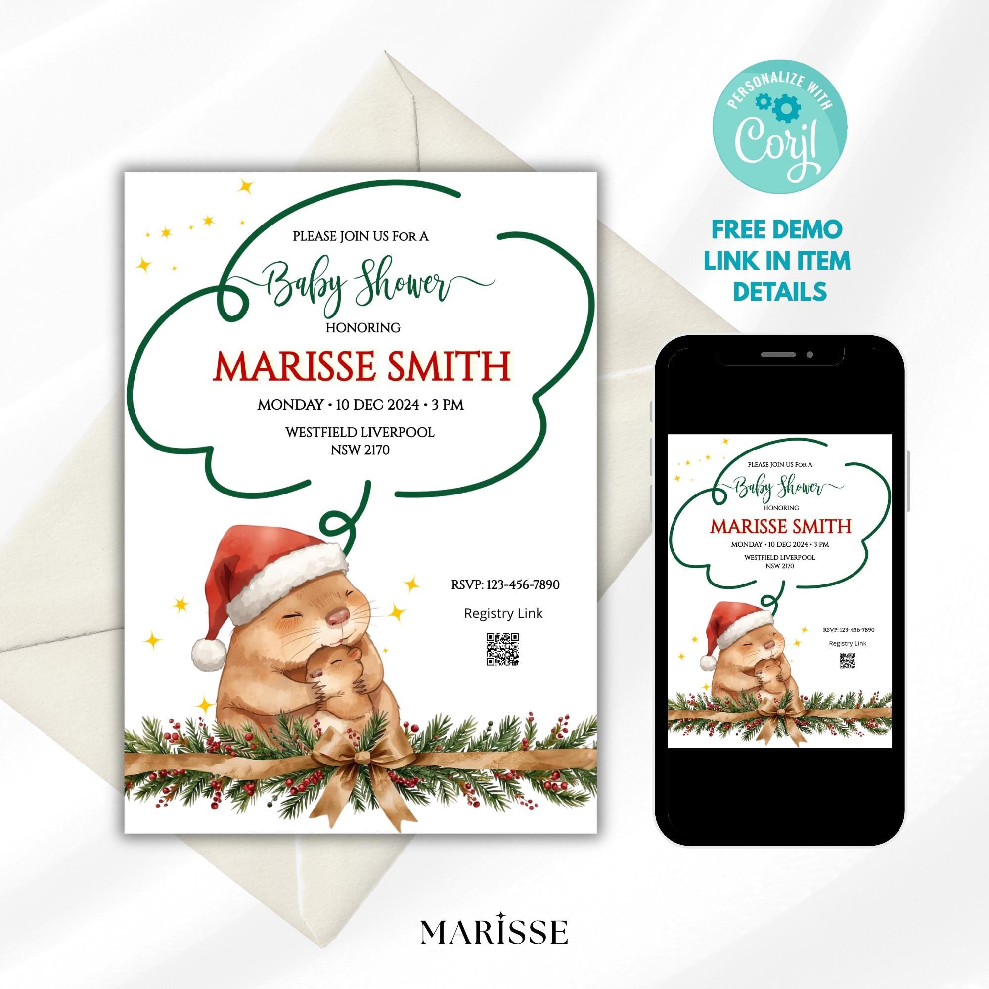 Capybara Christmas Baby Shower Invitation Template | Cute Holiday Baby Shower Invite | Editable Winter Baby Shower | Instant Download