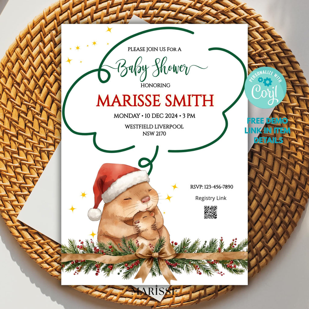 Capybara Christmas Baby Shower Invitation Template | Cute Holiday Baby Shower Invite | Editable Winter Baby Shower | Instant Download