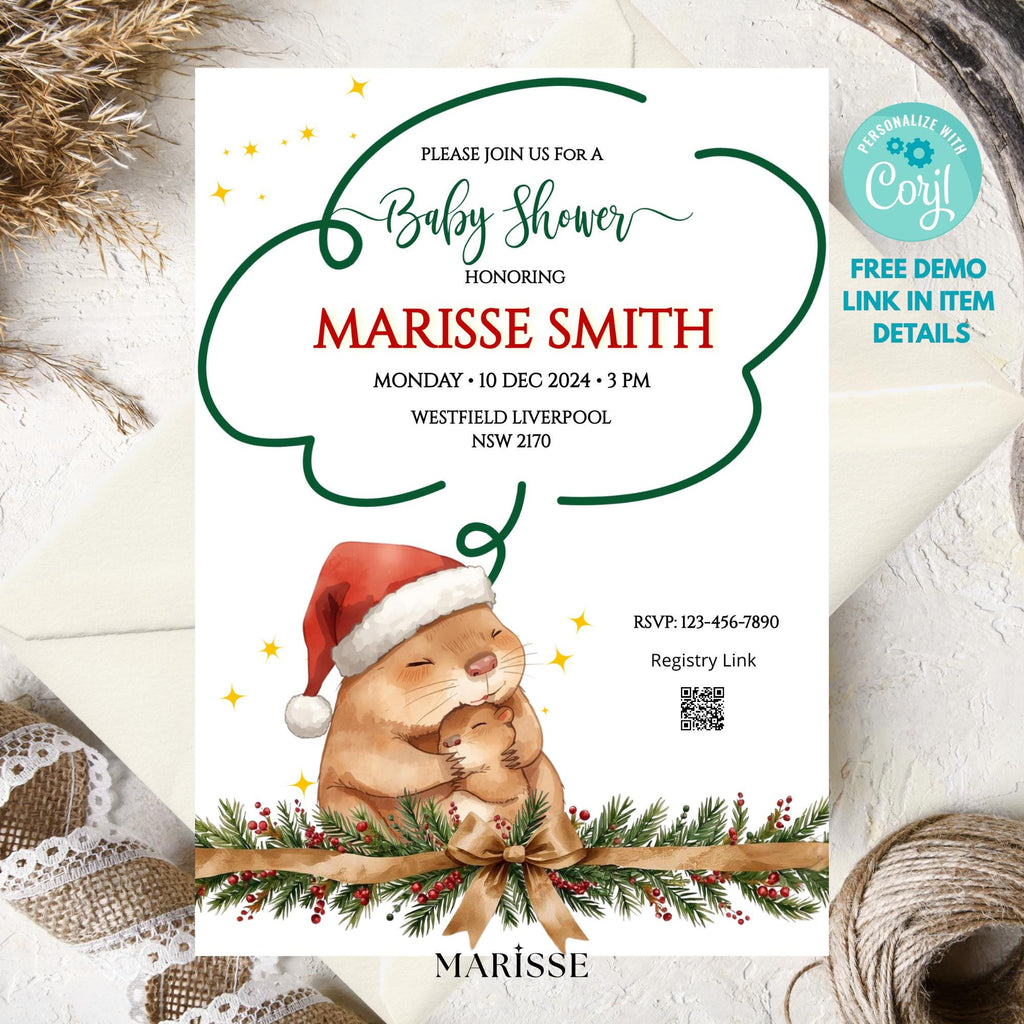 Capybara Christmas Baby Shower Invitation Template | Cute Holiday Baby Shower Invite | Editable Winter Baby Shower | Instant Download