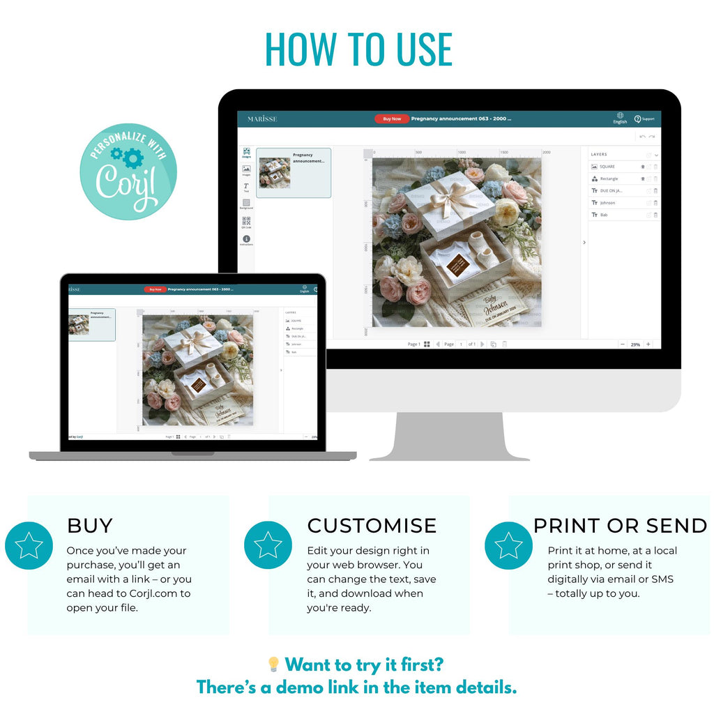 Elegant Baby Announcement Box Template | Neutral Pregnancy Reveal Box | Classic Floral Baby Reveal | Digital Download