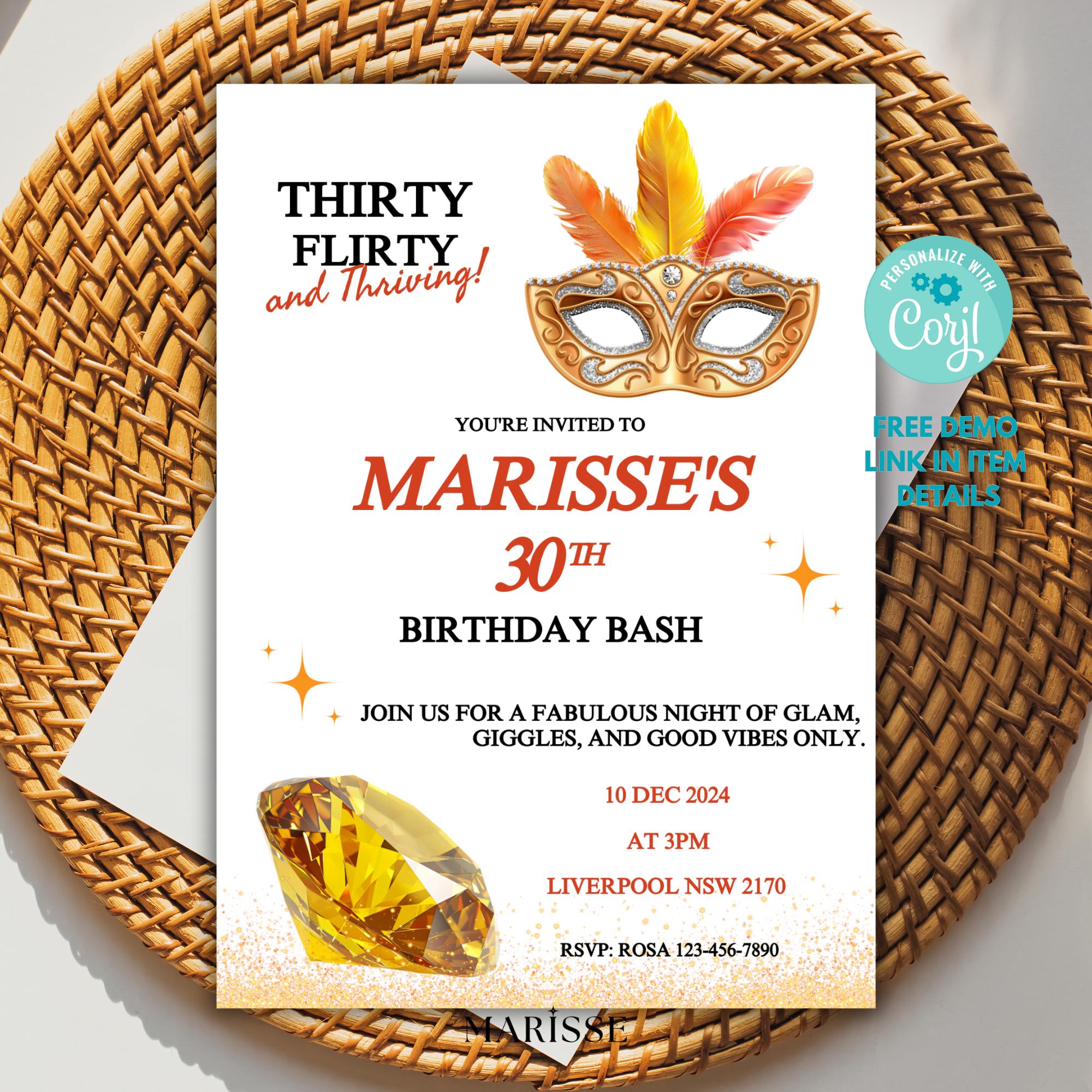 Showgirl 30th Birthday Invitation Template | Thirty Flirty and Thriving | Glam Vegas Theme Party Invite | Masquerade Digital Download