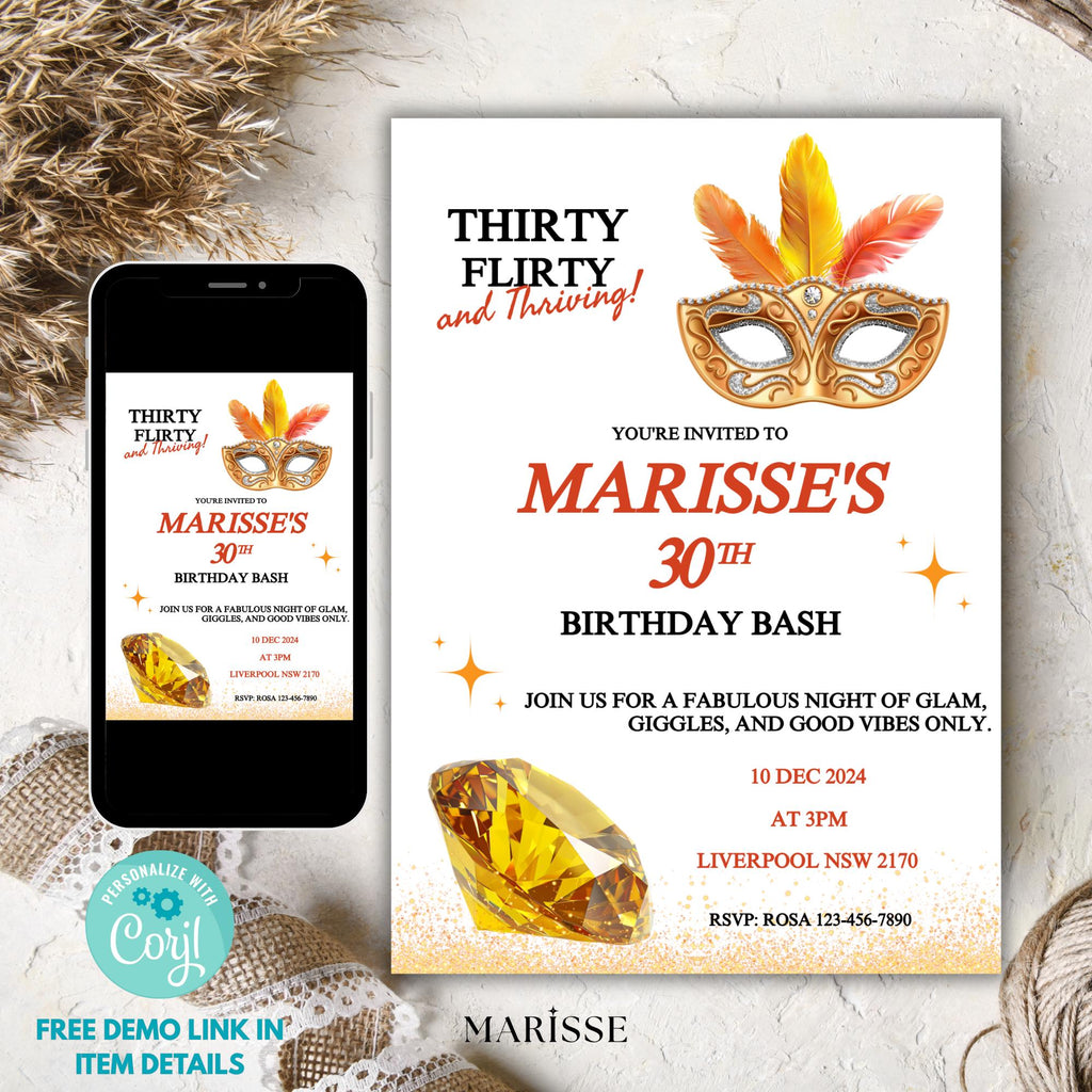 Showgirl 30th Birthday Invitation Template | Thirty Flirty and Thriving | Glam Vegas Theme Party Invite | Masquerade Digital Download