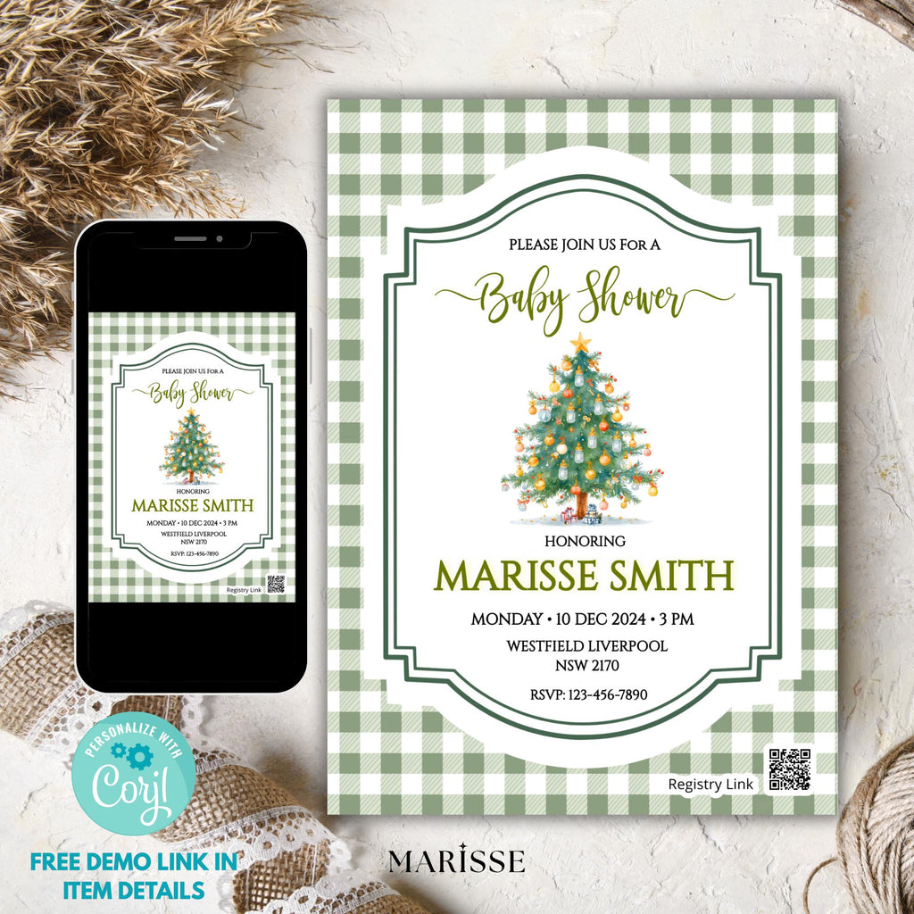Christmas Tree Baby Shower Invitation Template | Editable Holiday Baby Shower Invite | Green Gingham Winter Baby Shower | Instant Download