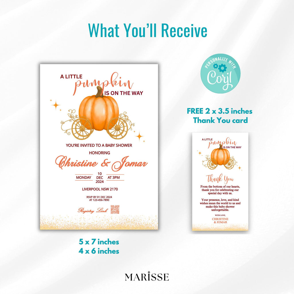 Pumpkin Baby Shower Carriage Invitation | Fall Baby Shower Invite Girl or Boy | Autumn Baby Shower Template | Instant Download