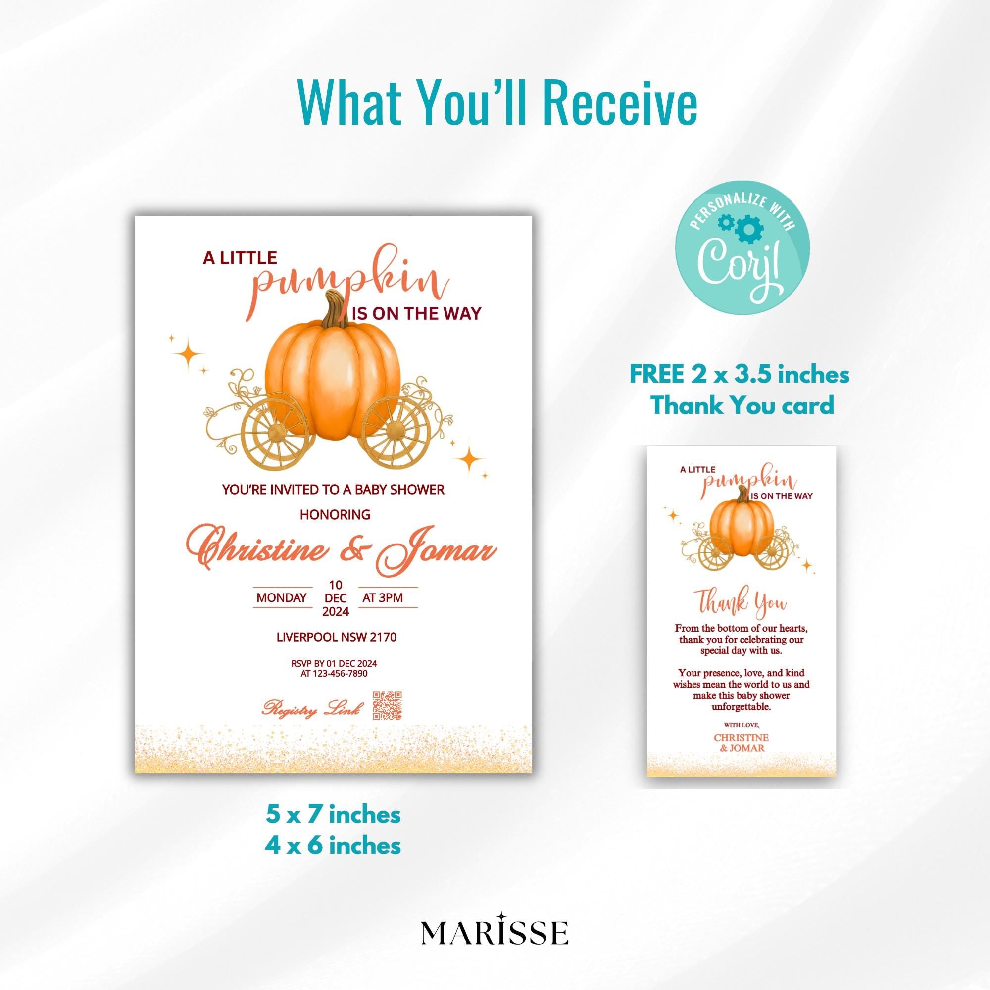 Pumpkin Baby Shower Carriage Invitation | Fall Baby Shower Invite Girl or Boy | Autumn Baby Shower Template | Instant Download