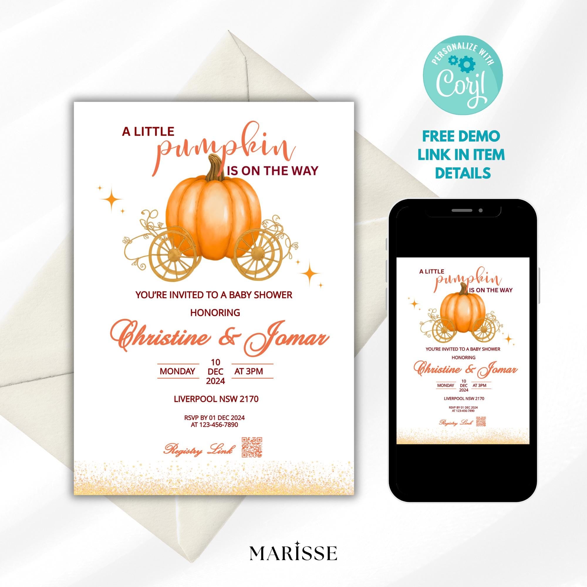 Pumpkin Baby Shower Carriage Invitation | Fall Baby Shower Invite Girl or Boy | Autumn Baby Shower Template | Instant Download